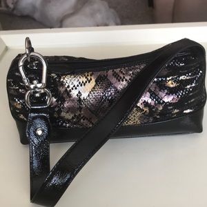 Wilsons Leather Black Snake-Print Patent Wristlet